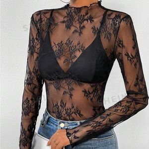 Mock Neck Lettuce Trim Sheer Lace Top Without Bra